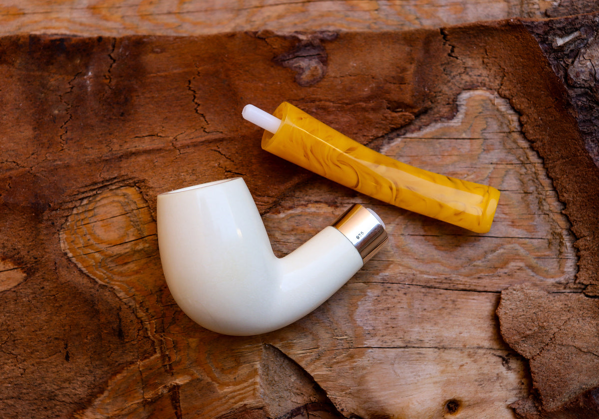 Handmade Astaş Meerschaum Pipes, Half Bent, Silver Ring, Extra Large, Smooth Carved, With Fitted Case