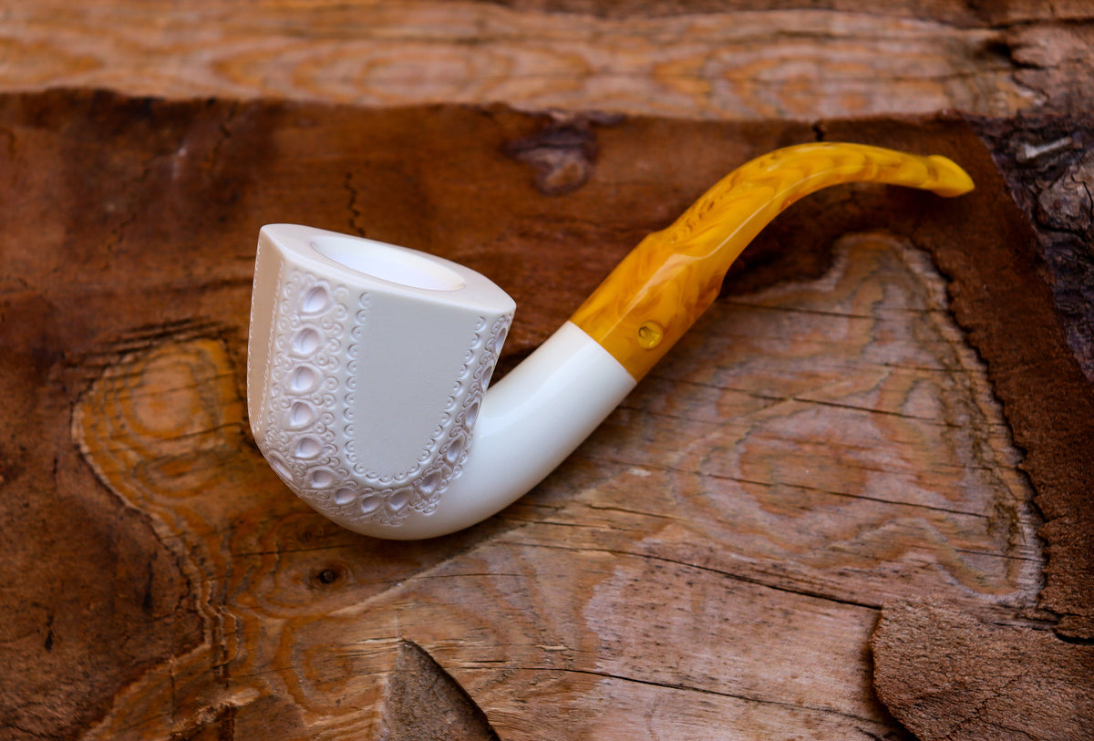 Handmade Astaş Meerschaum Pipes, Panel, Large Size, Latticed Carved, With Fitted Case
