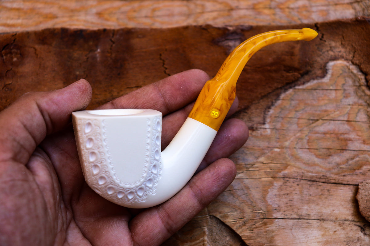 Handmade Astaş Meerschaum Pipes, Panel, Large Size, Latticed Carved, With Fitted Case