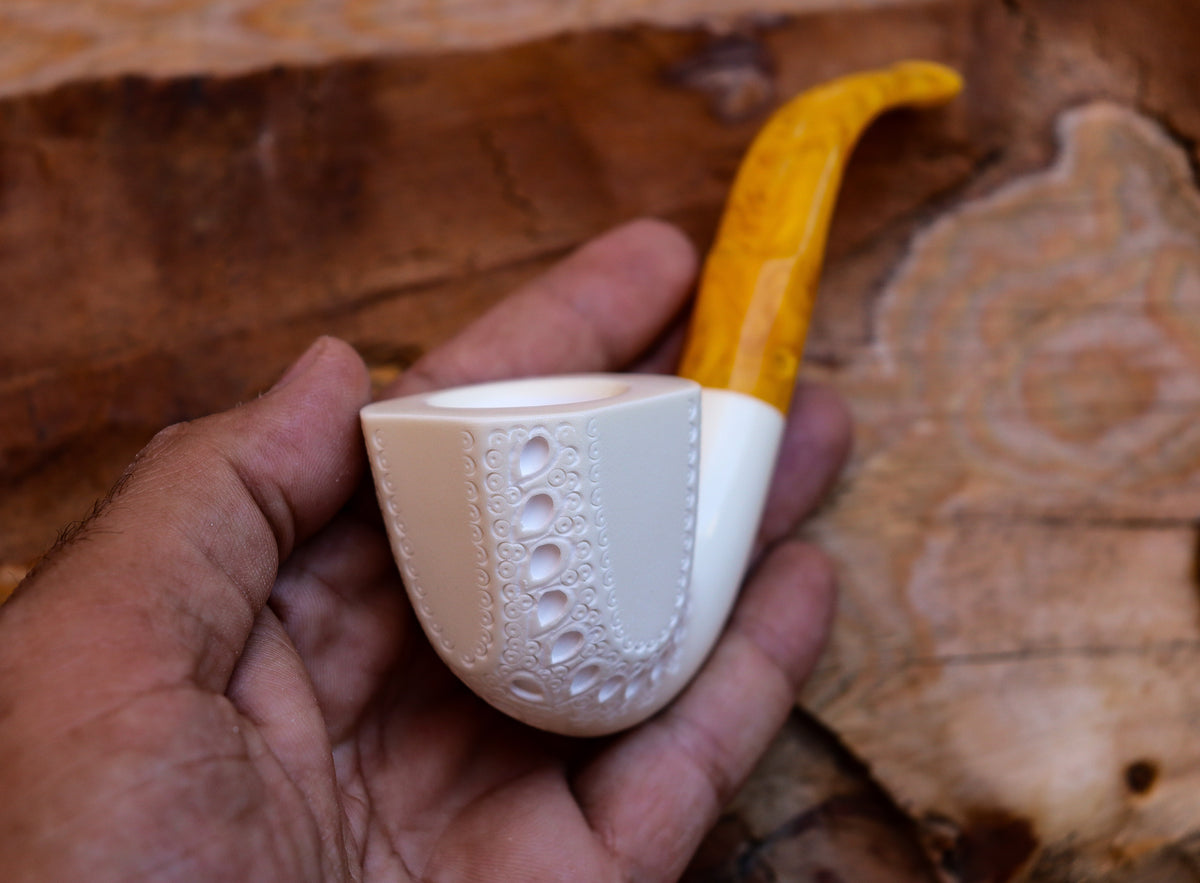 Handmade Astaş Meerschaum Pipes, Panel, Large Size, Latticed Carved, With Fitted Case