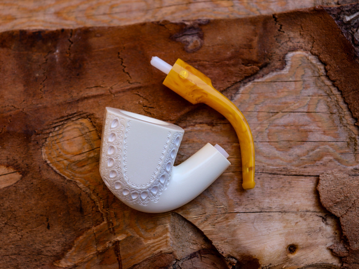Handmade Astaş Meerschaum Pipes, Panel, Large Size, Latticed Carved, With Fitted Case