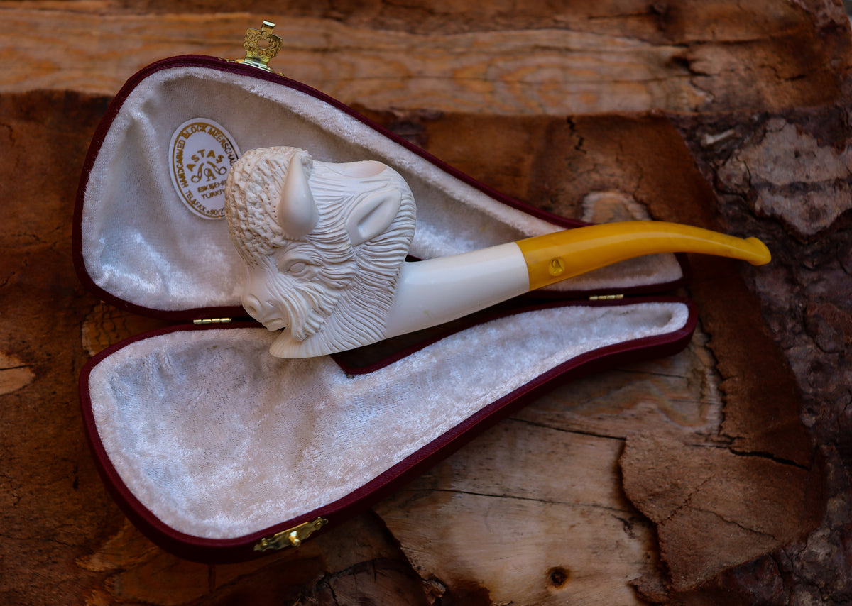 Handmade Astaş Meerschaum Pipes, Buffalo, Large Size, With Fitted Case