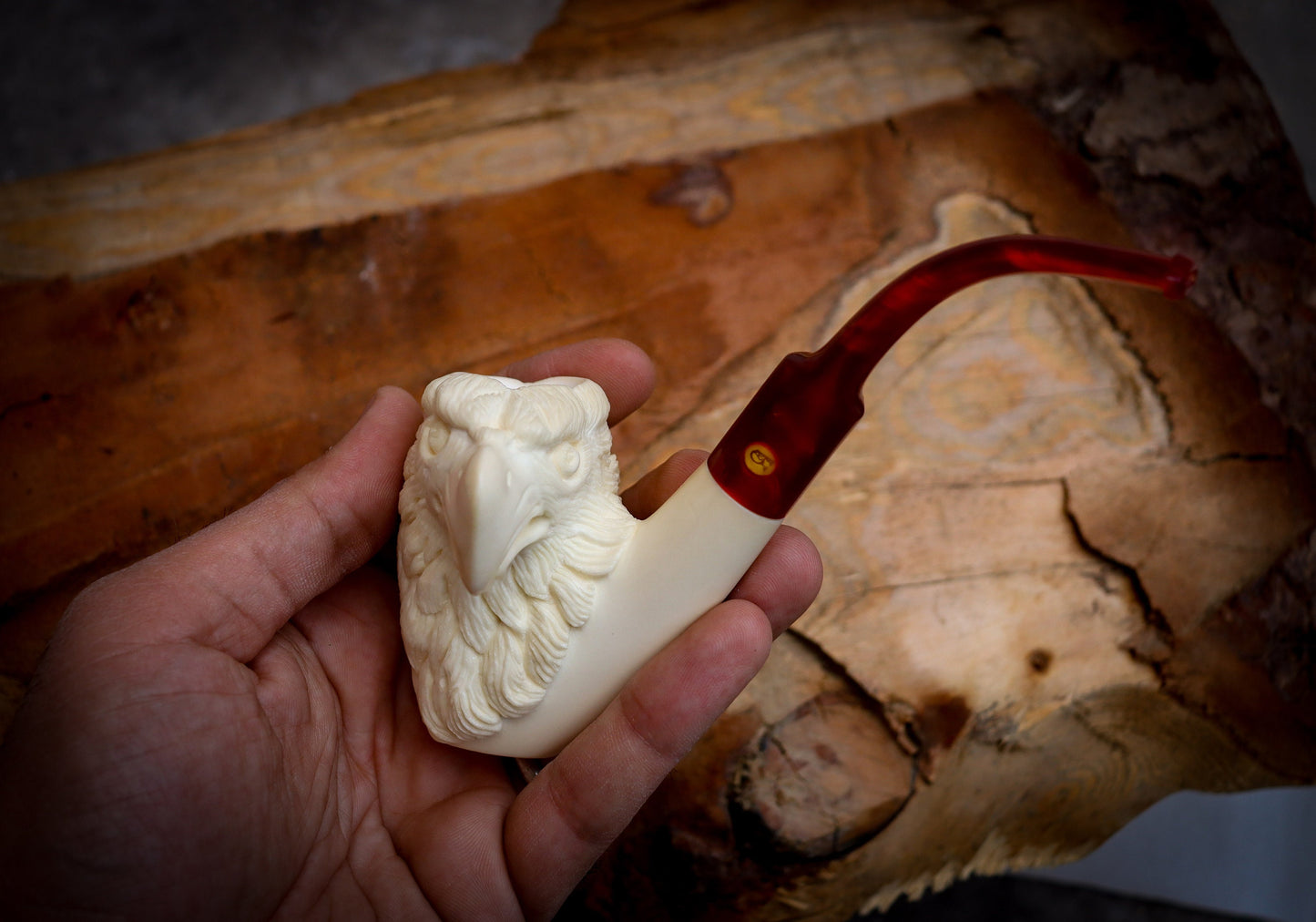 Special Hand Crafted Large Size Eagle Patterned Model Meerschaum Pipe With Leather Box -Astaş Meerschaum,