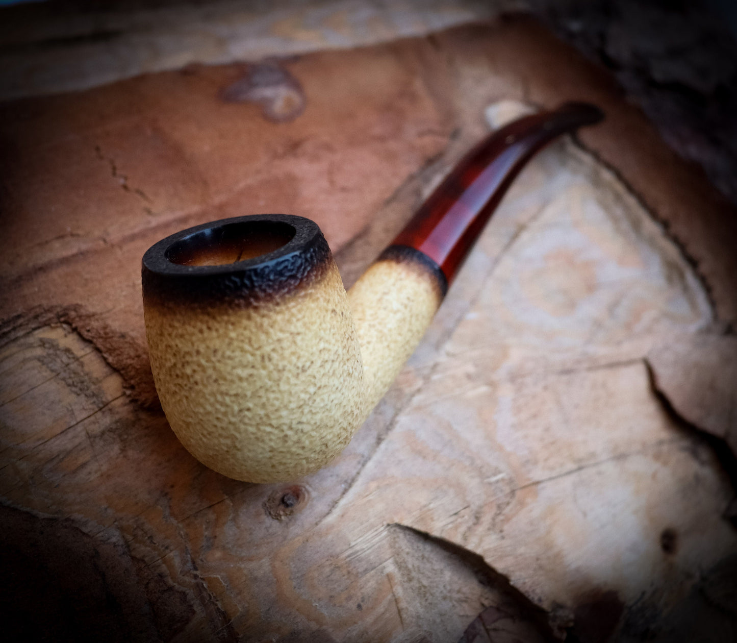 Calcined Special Hand Crafted Rustic Patterned Half Bent Model Meerschaum Pipe With Leather Box -Astaş Meerschaum