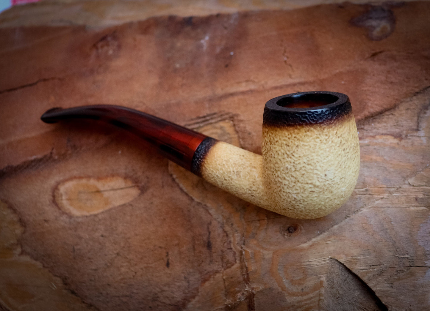 Calcined Special Hand Crafted Rustic Patterned Half Bent Model Meerschaum Pipe With Leather Box -Astaş Meerschaum