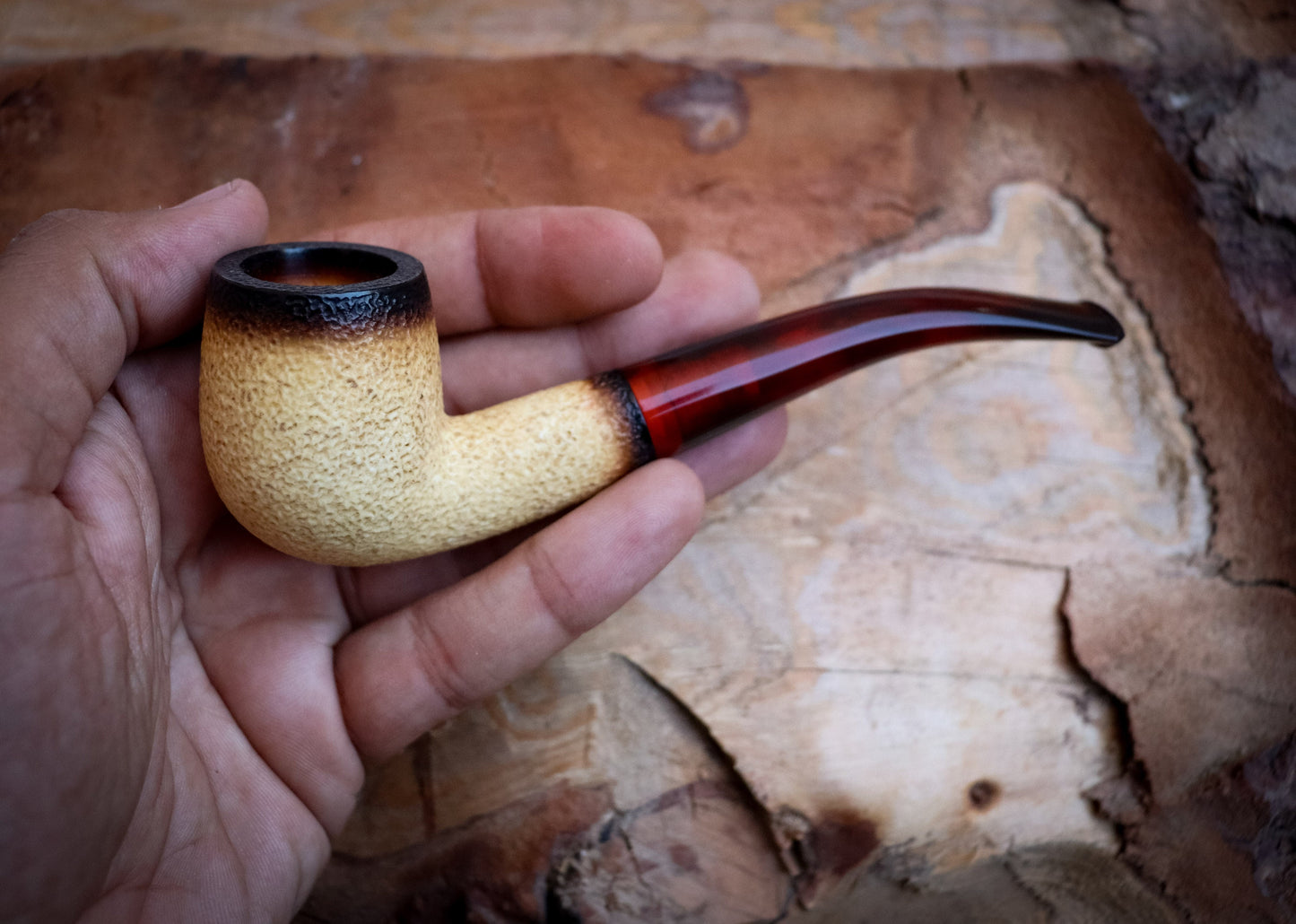 Calcined Special Hand Crafted Rustic Patterned Half Bent Model Meerschaum Pipe With Leather Box -Astaş Meerschaum