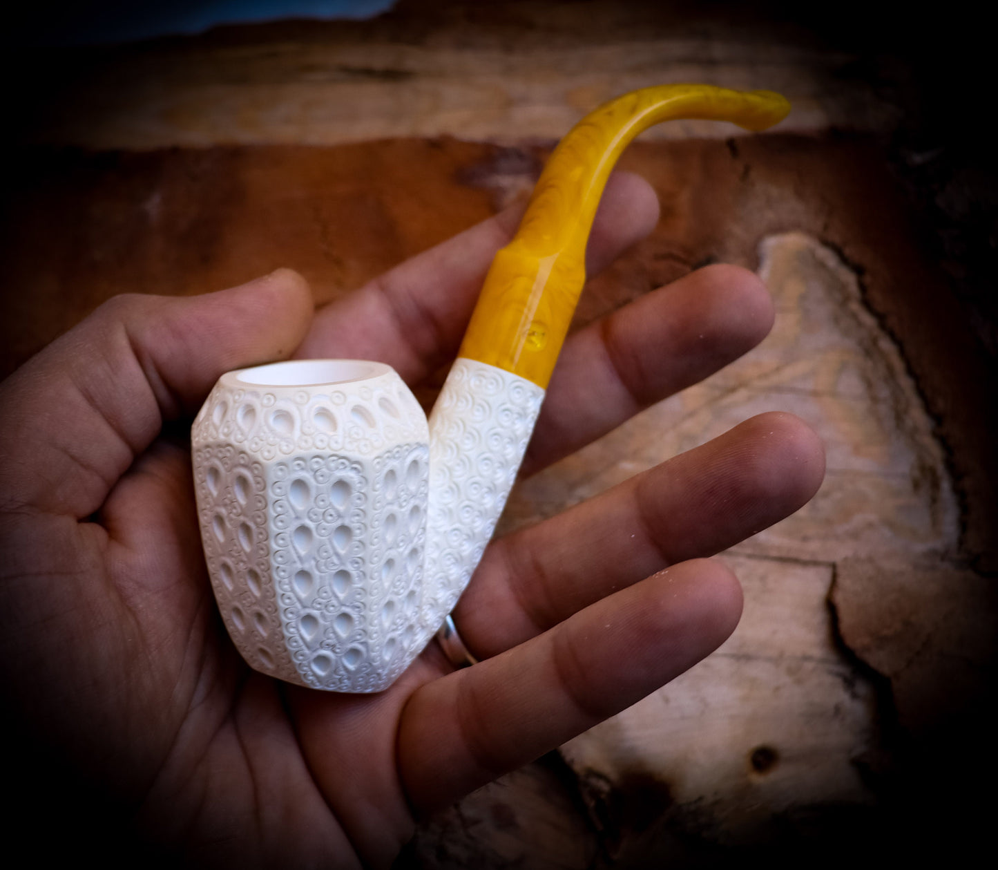 Embriodered Special Hand Crafted Panel Model Meerschaum Pipe With Leather Box -Astaş Meerschaum