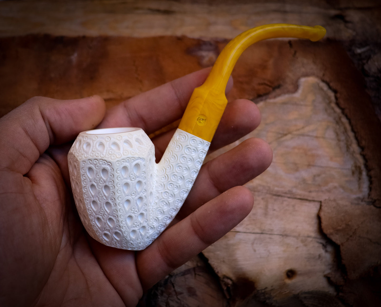 Embriodered Special Hand Crafted Panel Model Meerschaum Pipe With Leather Box -Astaş Meerschaum