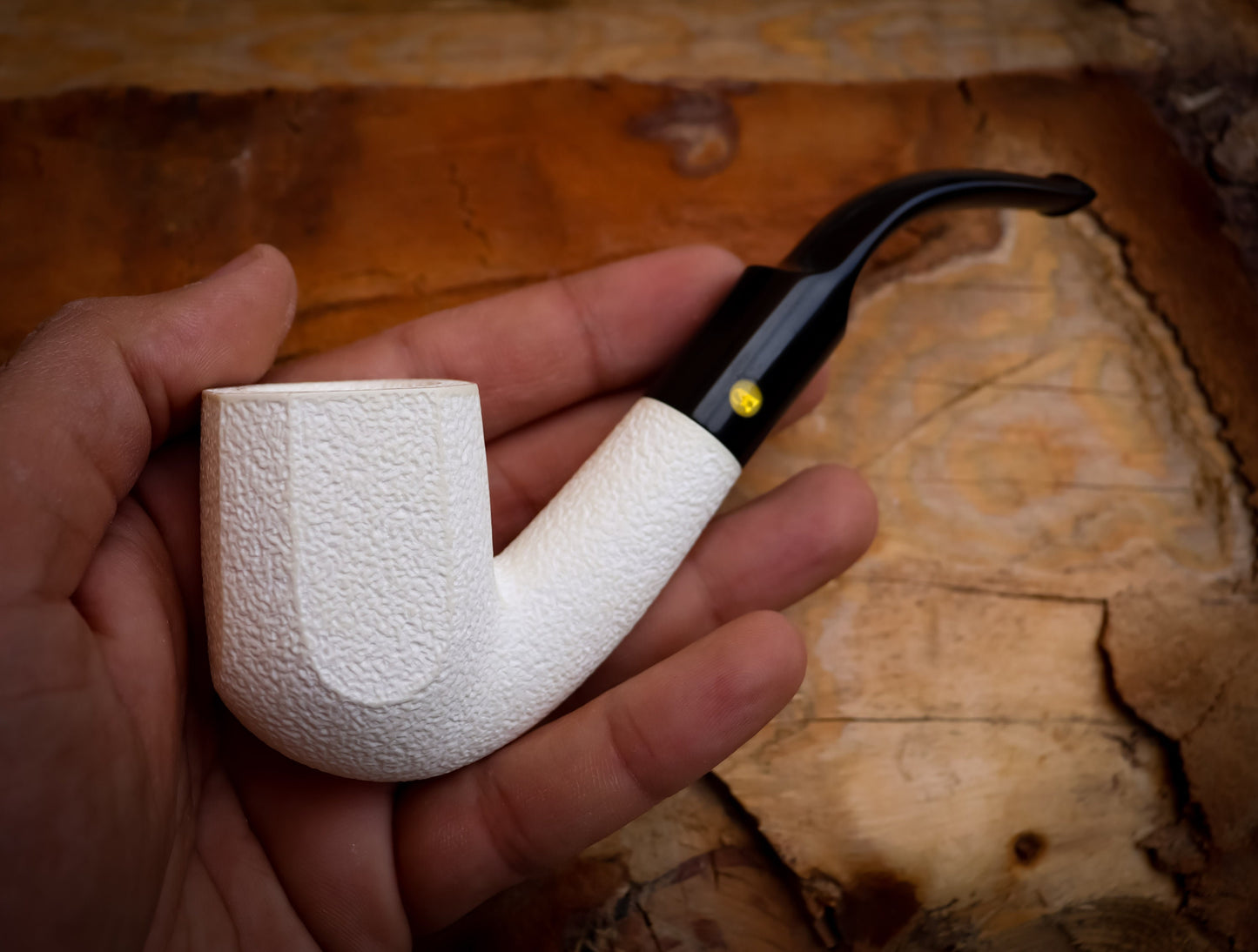 9MM Meerschaum, Rustic Patterned Special Hand Crafted Panel Model Meerschaum Pipe With Leather Box -Astaş Meerschaum