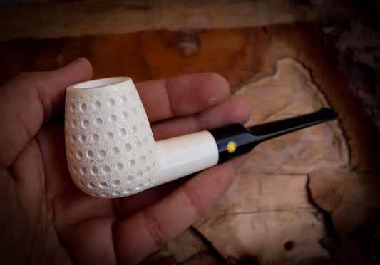 Billard Meerschaum, Latticed Special Hand Crafted Billard Model Meerschaum Pipe With Leather Box -Astaş Meerschaum