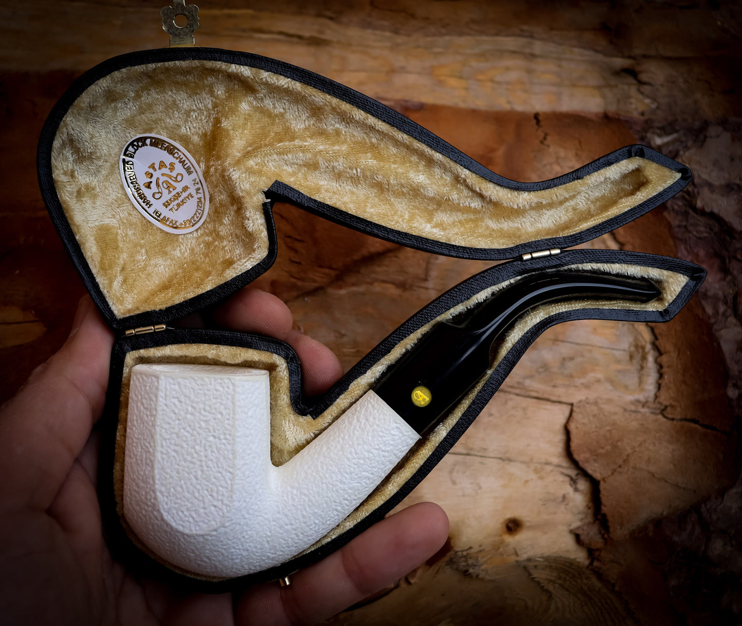 9MM Meerschaum, Rustic Patterned Special Hand Crafted Panel Model Meerschaum Pipe With Leather Box -Astaş Meerschaum