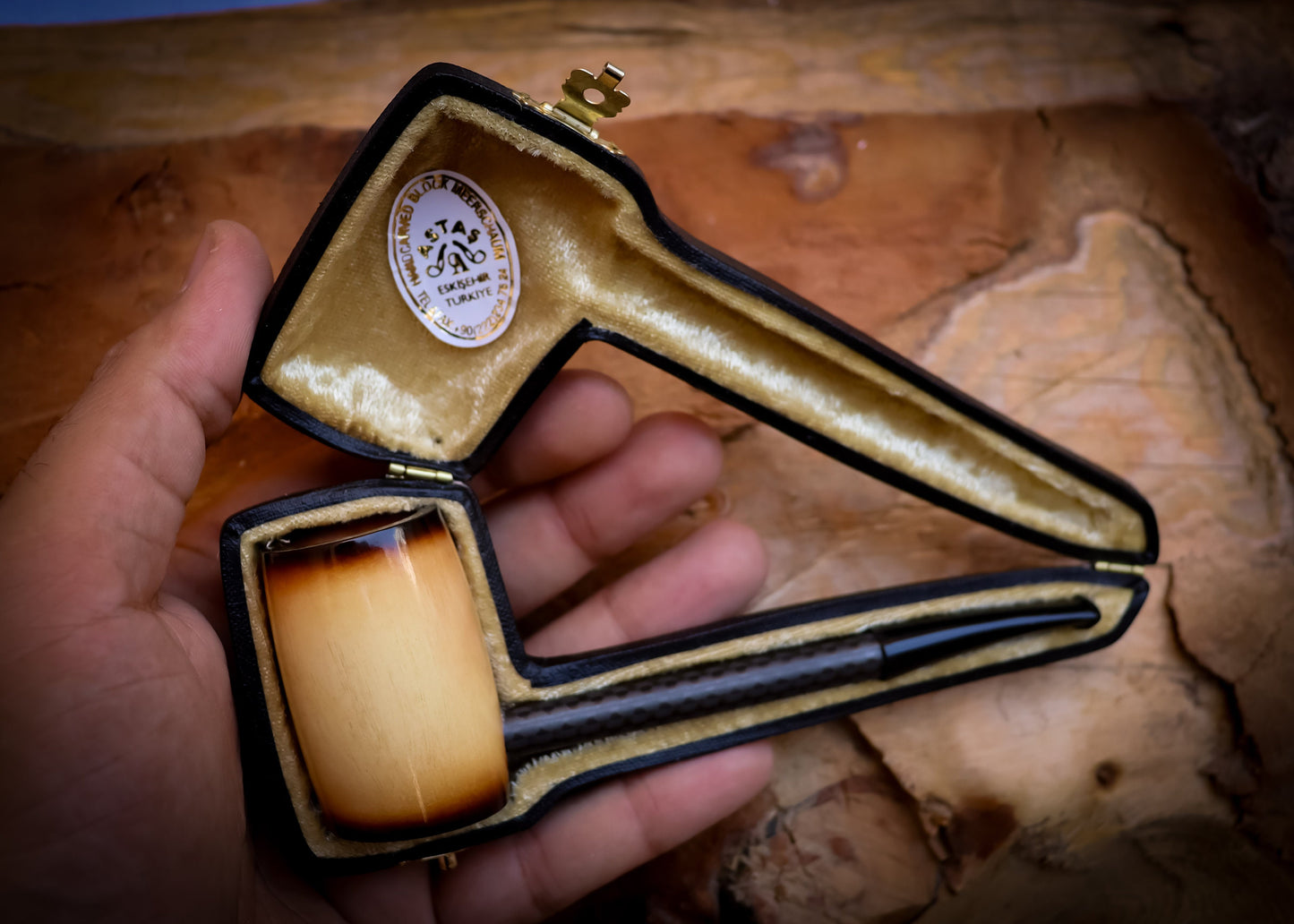 Calcined Smooth Special Hand Crafted Carbon Fiber Meerschaum Pipe With Leather Box -Astaş Meerschaum