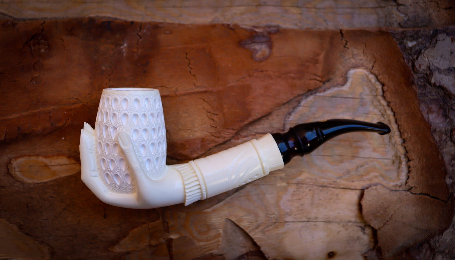 9MM Filtered Special Hand Crafted Large Size Hand Crafted Hand Model Meerschaum Pipe With Leather Box -Astaş Meerschaum