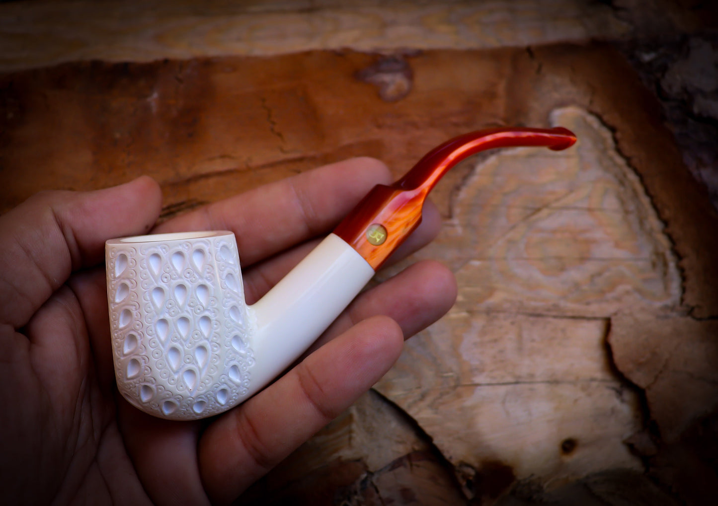 Embriodered Special Handmade Panel Model Meerschaum Pipe With Leather Box -Astaş Meerschaum