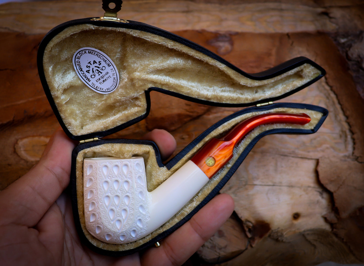 Embriodered Special Handmade Panel Model Meerschaum Pipe With Leather Box -Astaş Meerschaum