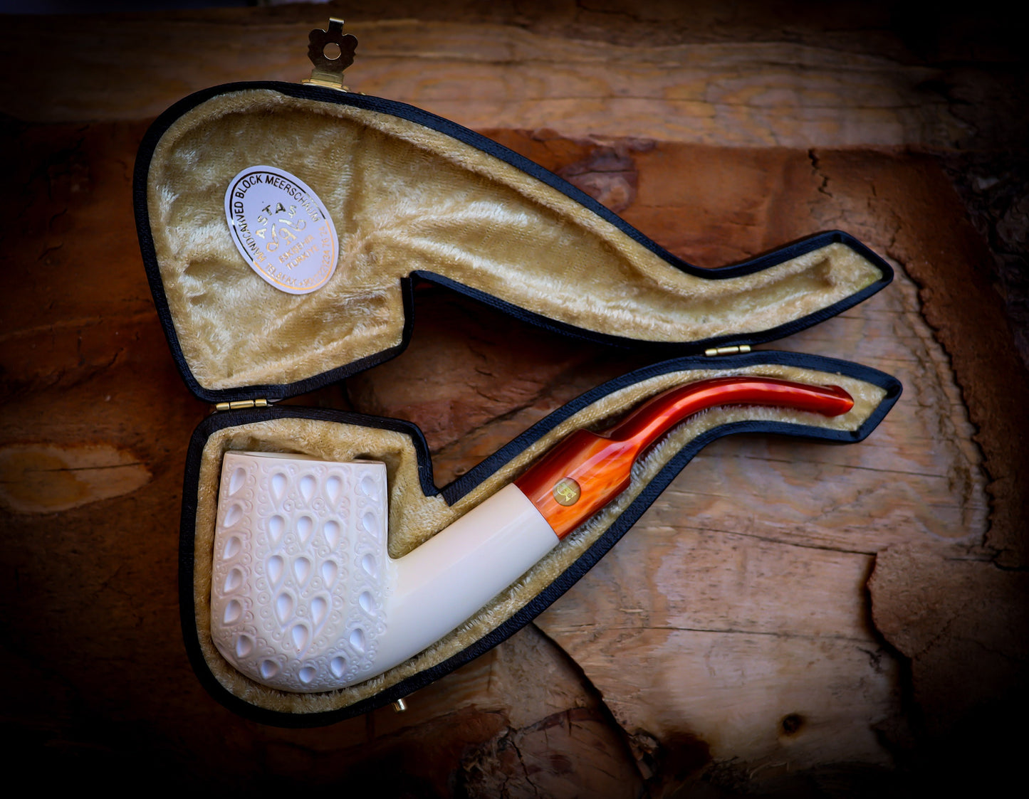 Embriodered Special Handmade Panel Model Meerschaum Pipe With Leather Box -Astaş Meerschaum