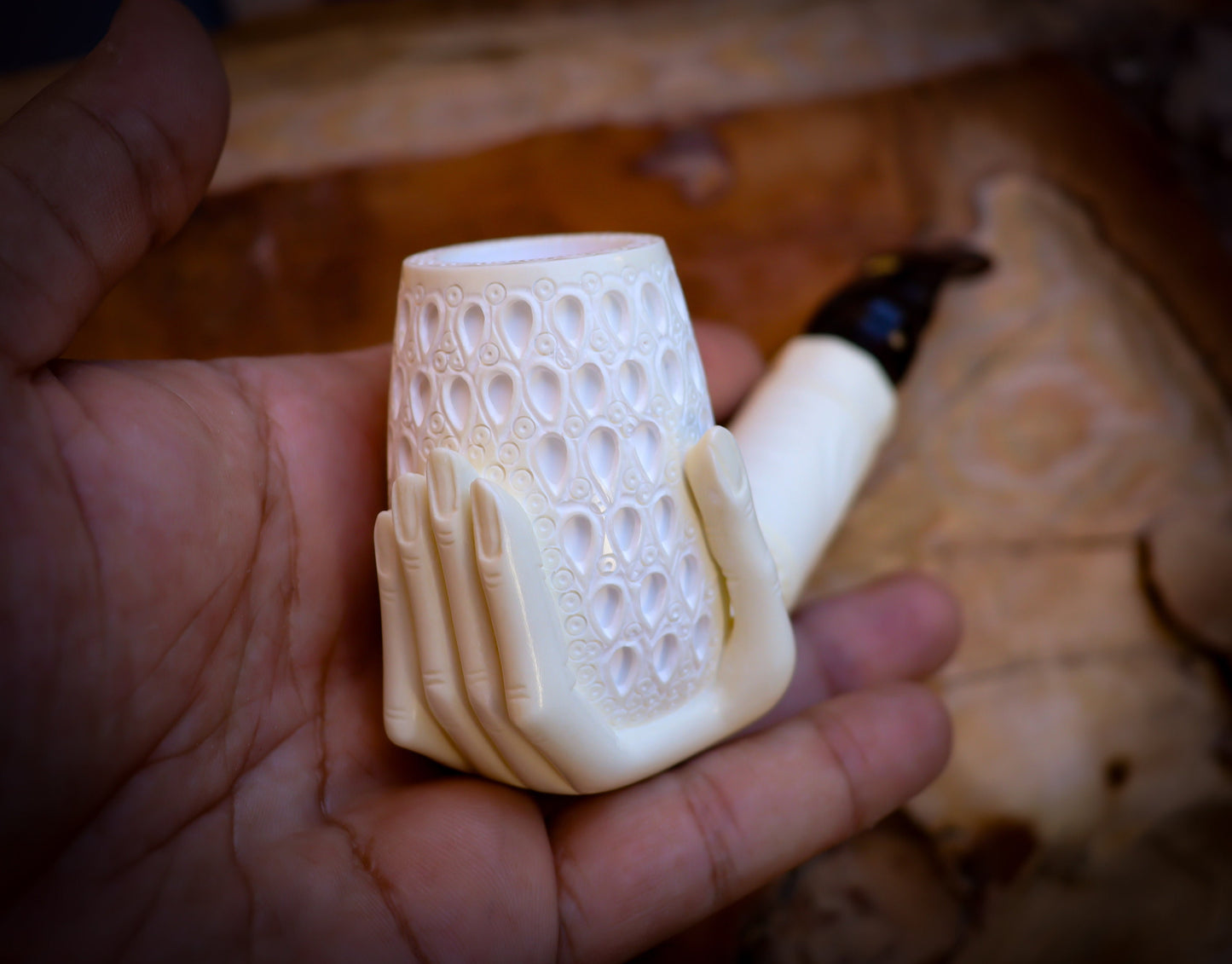 9MM Filtered Special Hand Crafted Large Size Hand Crafted Hand Model Meerschaum Pipe With Leather Box -Astaş Meerschaum