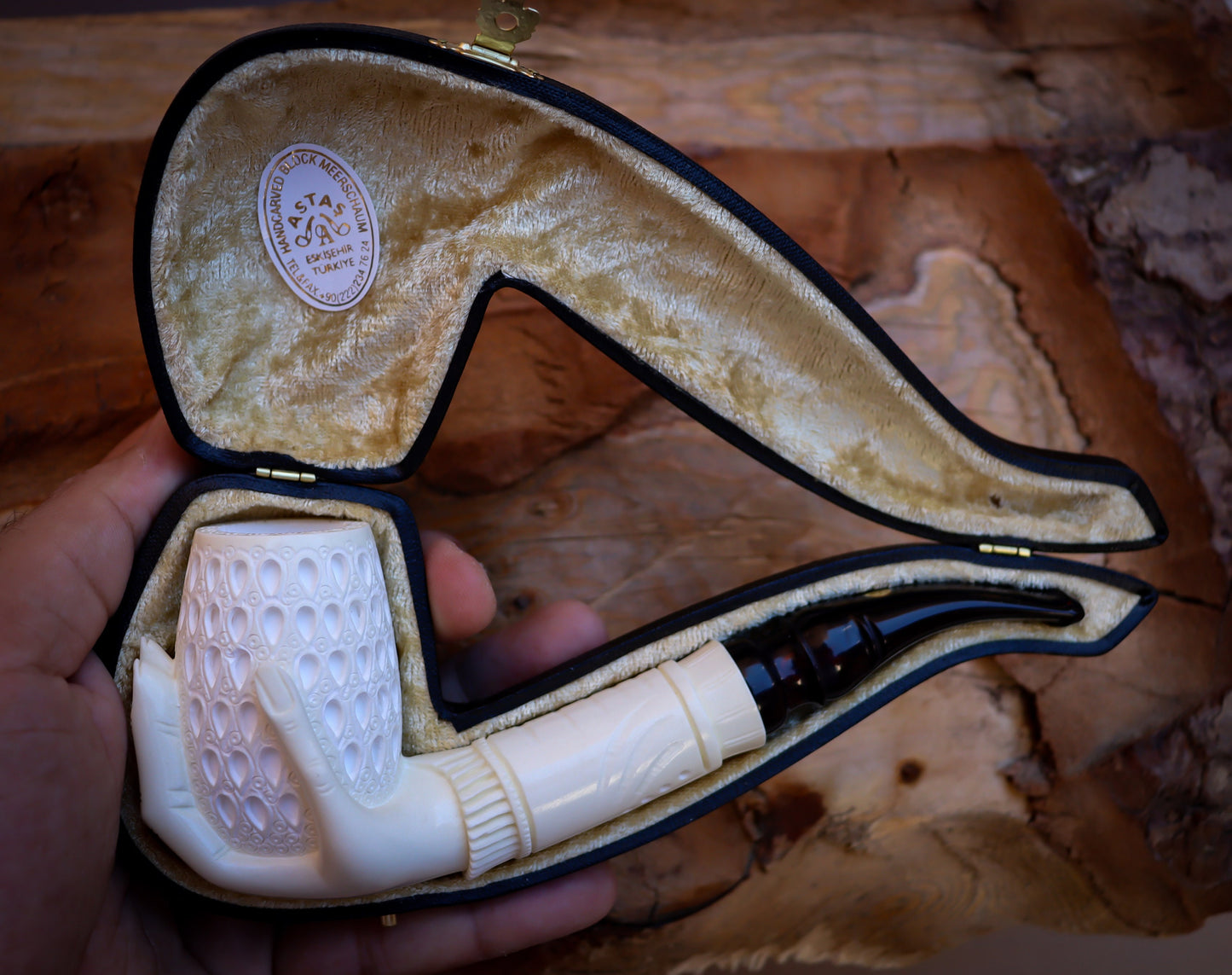 9MM Filtered Special Hand Crafted Large Size Hand Crafted Hand Model Meerschaum Pipe With Leather Box -Astaş Meerschaum