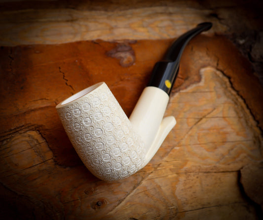 Embriodered Special Handmade Large Size Freehand Bent Meerschaum Pipe With Leather Box -Astaş Meerschaum