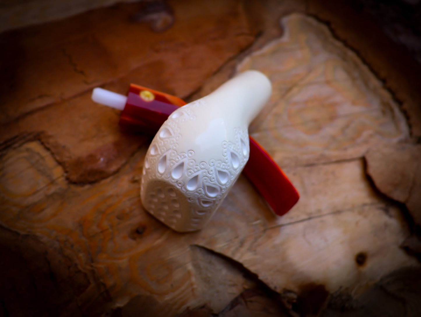 Embriodered Special Handmade Panel Model Meerschaum Pipe With Leather Box -Astaş Meerschaum