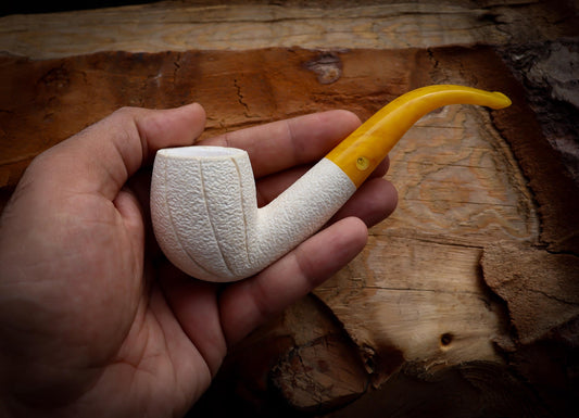 Astaş Meerschaum, Rustic Patterned Special Hand Crafted Bent Meerschaum Pipe With Leather Box -Astaş Meerschaum