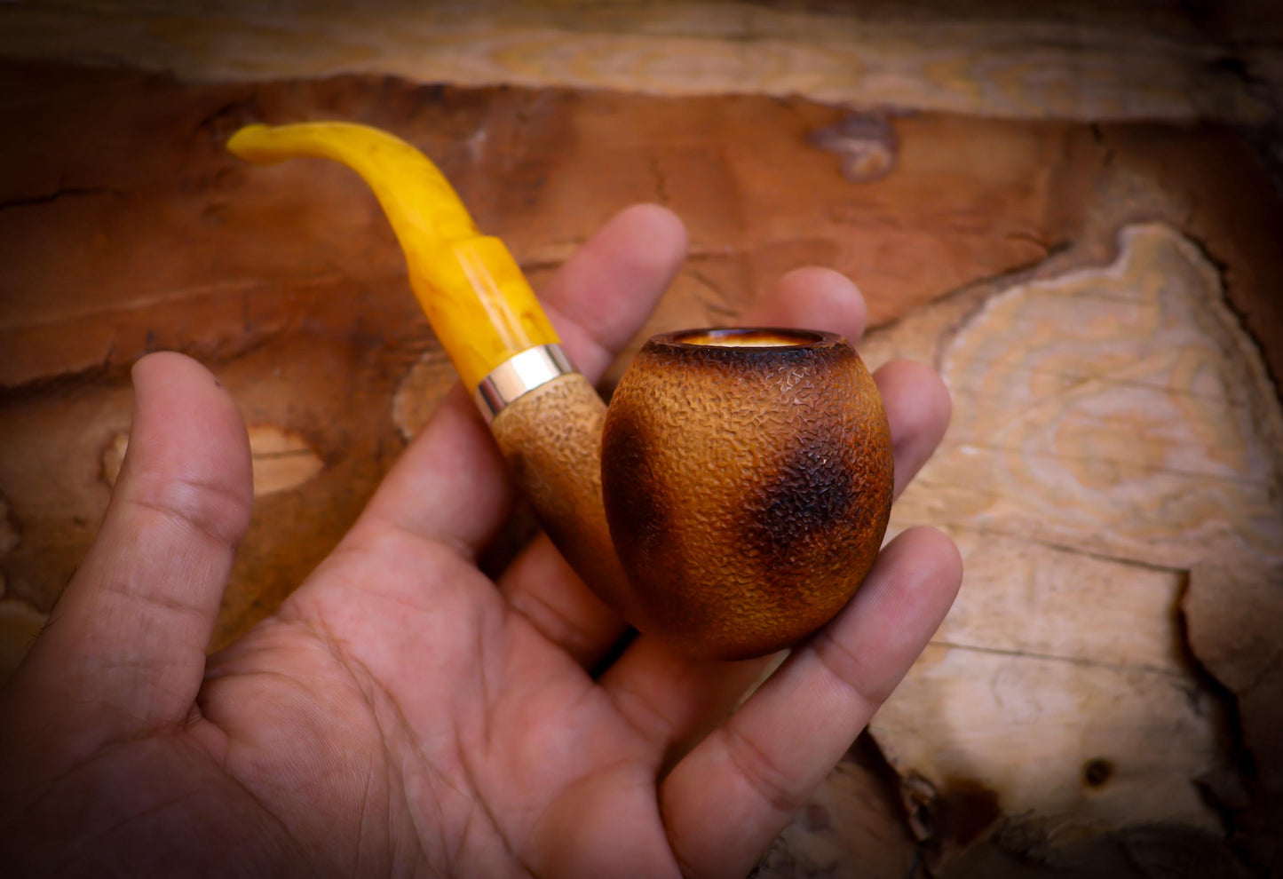 Apple Meerschaum, Silver Rustic Patterned Calcined Apple Meerschaum Pipe With Leather Box -Astaş Meerschaum, Lee Van Cleef