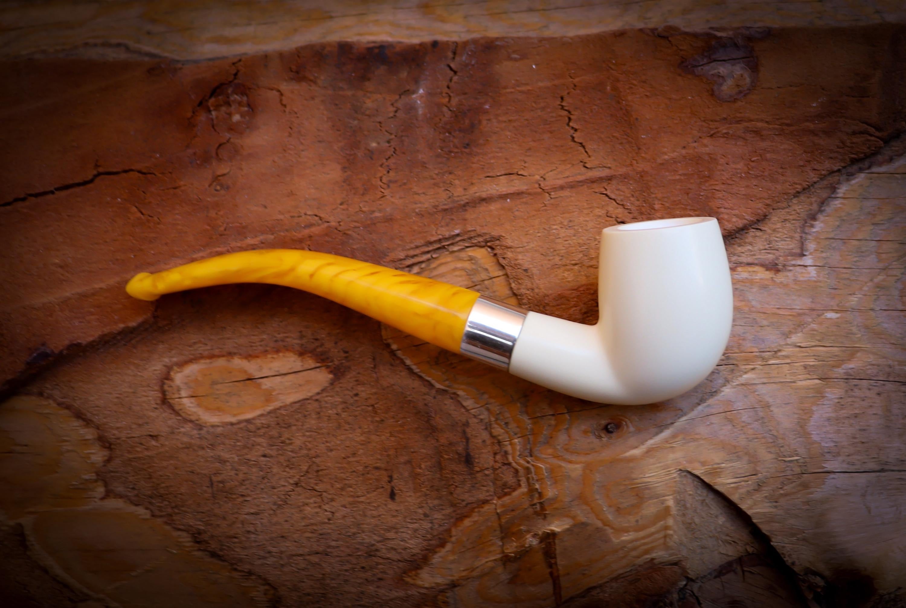 Silver Smooth Special Handmade Half Bent Meerschaum Pipe With Leather Box- Astaş Meerschaum