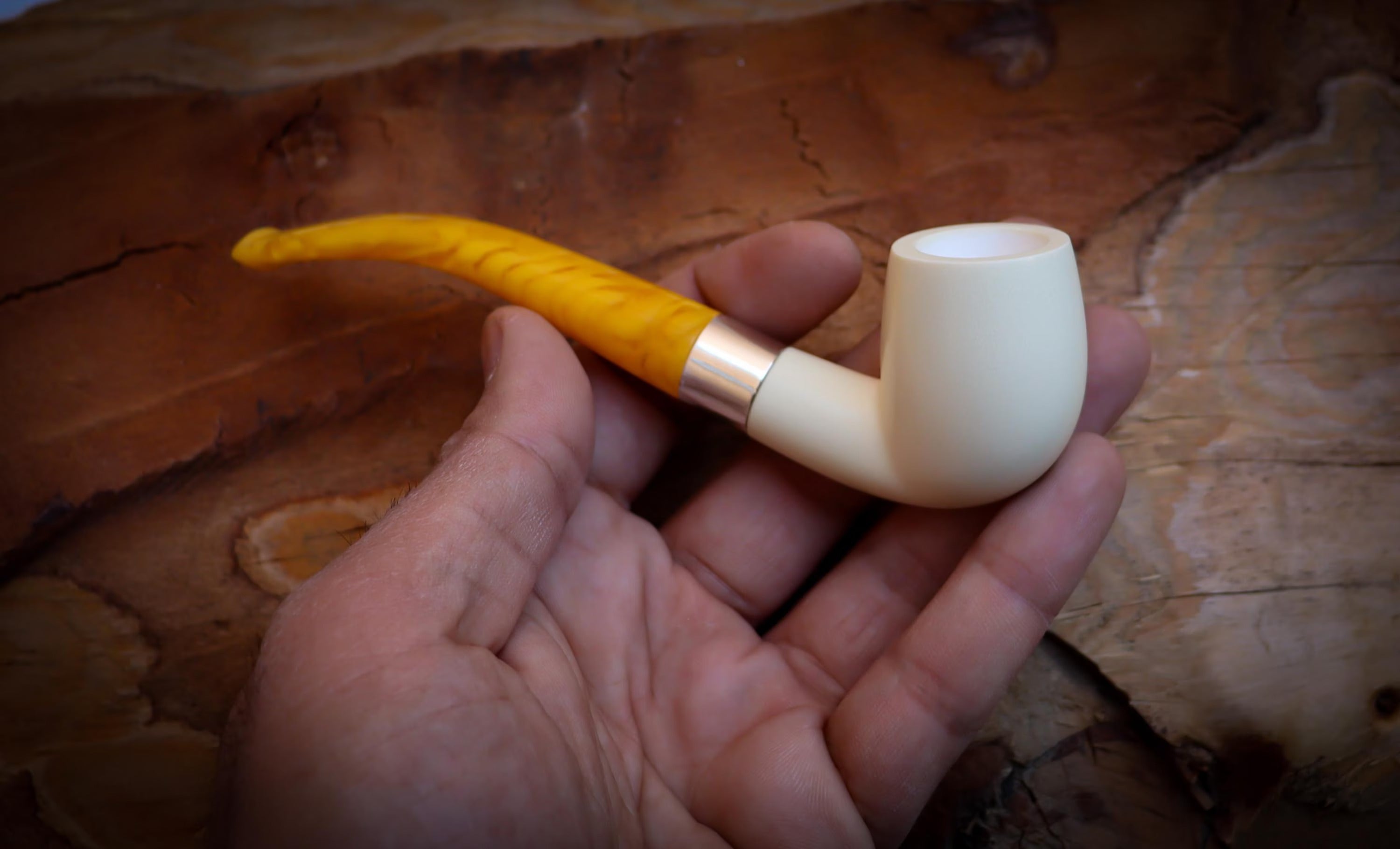 Silver Smooth Special Handmade Half Bent Meerschaum Pipe With Leather Box- Astaş Meerschaum
