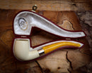 Silver Smooth Special Handmade Half Bent Meerschaum Pipe With Leather Box- Astaş Meerschaum