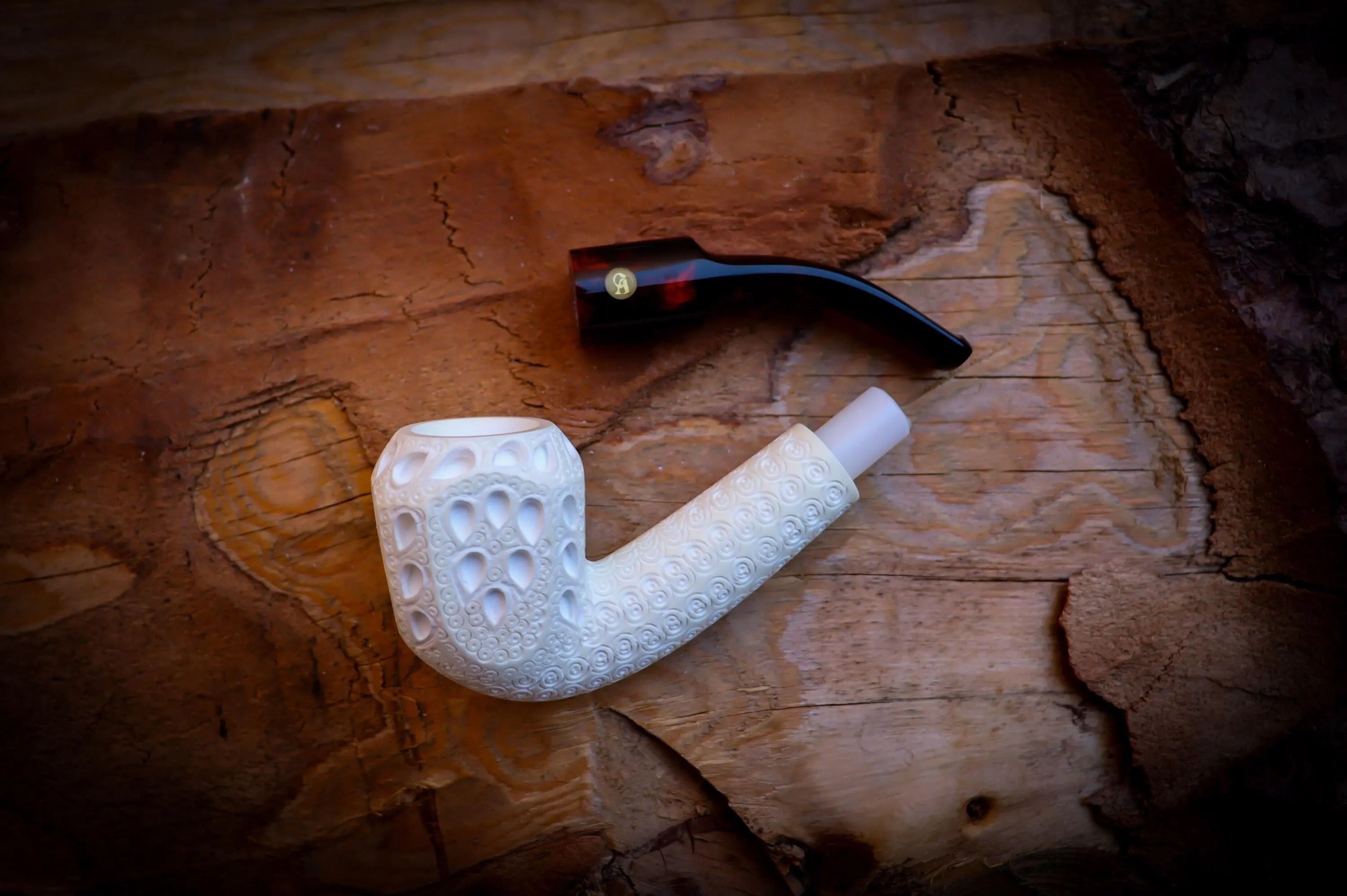 9MM Filtered Embriodered Special Handmade Panel Meerschaum Pipe With Leather Box- Astaş Meerschaum