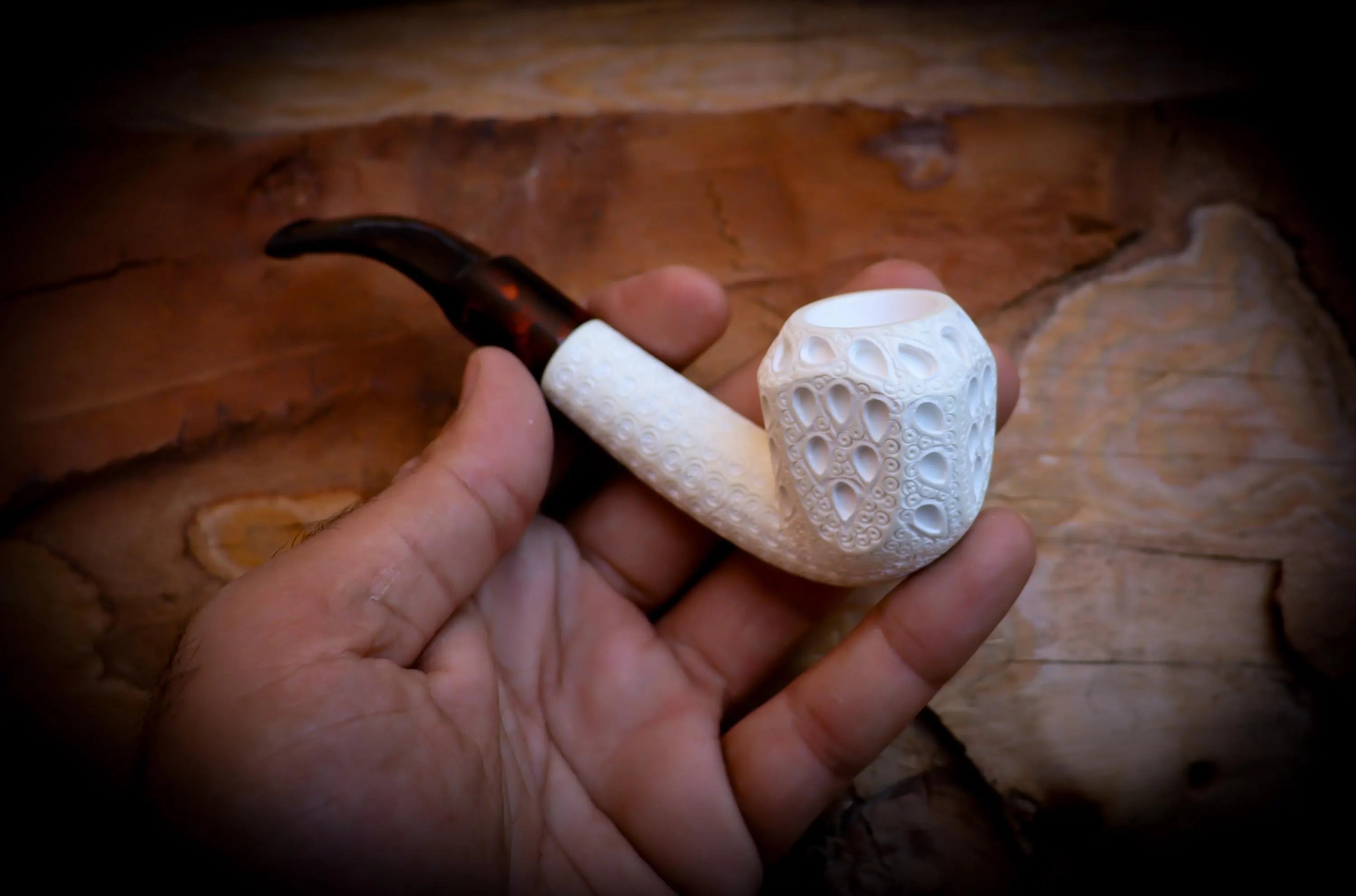 9MM Filtered Embriodered Special Handmade Panel Meerschaum Pipe With Leather Box- Astaş Meerschaum