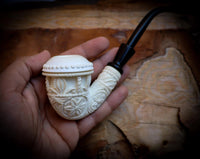 Calabash Meerschaum, Special Handmade Large Size Flower Patterned Calabash Meerschaum Pipe With Leather Box-Astaş Meerschaum