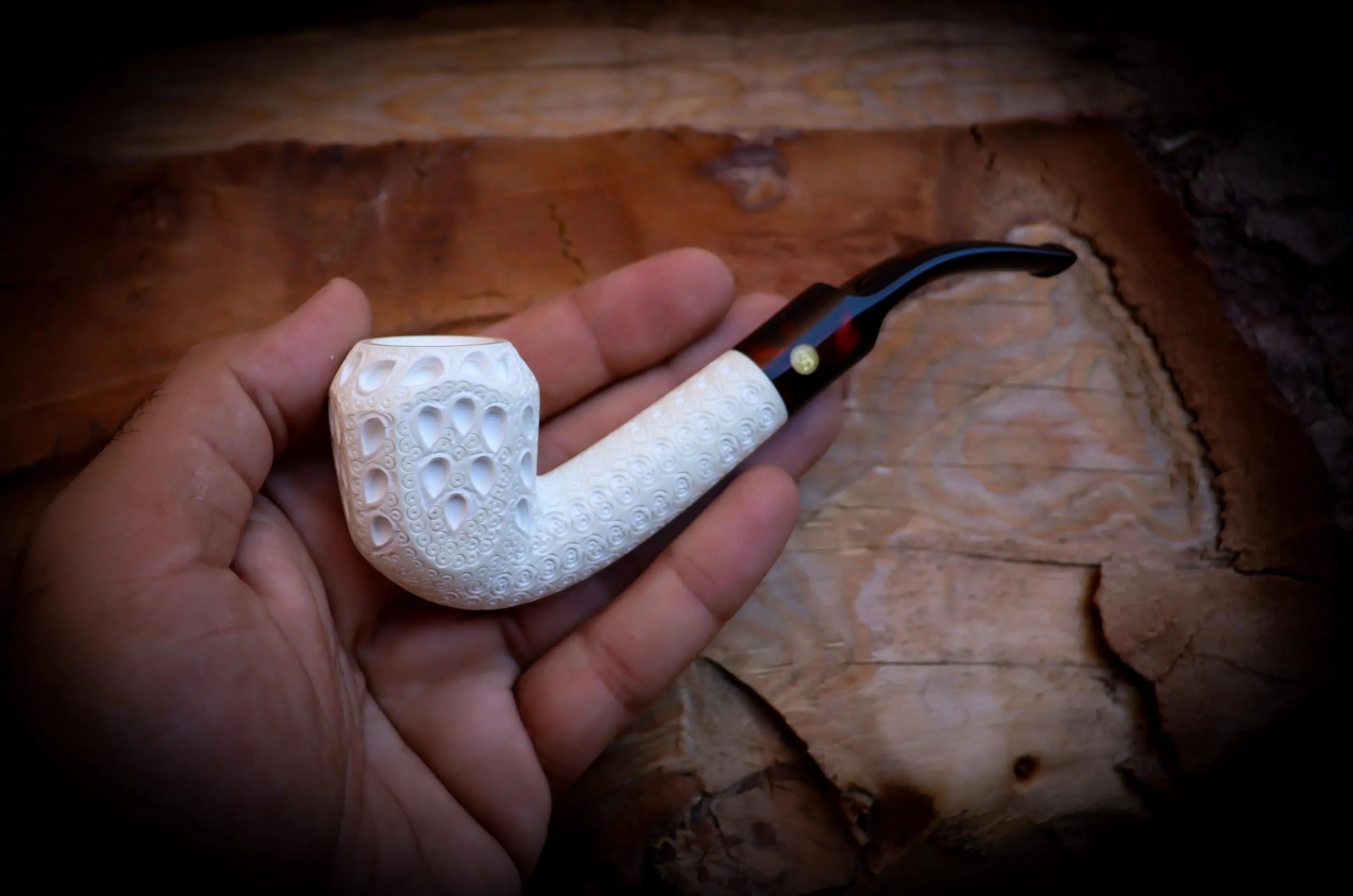 9MM Filtered Embriodered Special Handmade Panel Meerschaum Pipe With Leather Box- Astaş Meerschaum