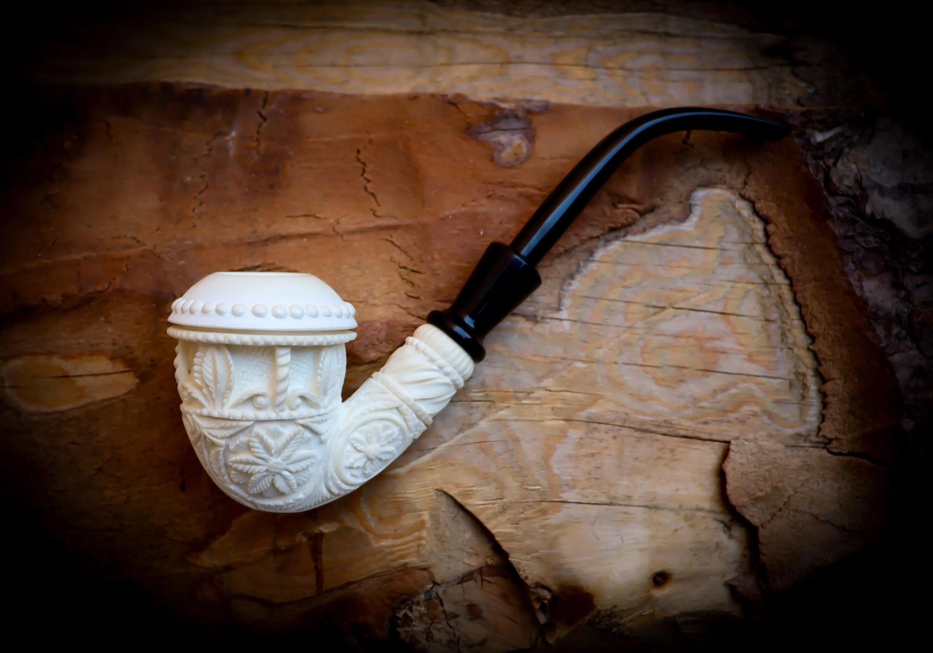 Calabash Meerschaum, Special Handmade Large Size Flower Patterned Calabash Meerschaum Pipe With Leather Box-Astaş Meerschaum
